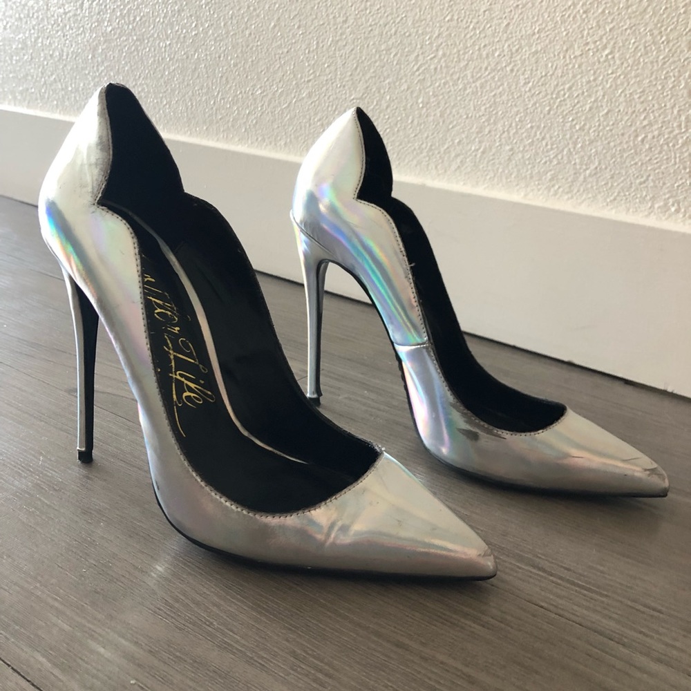 Silver chrome “Lust for Life” heels SZ 10